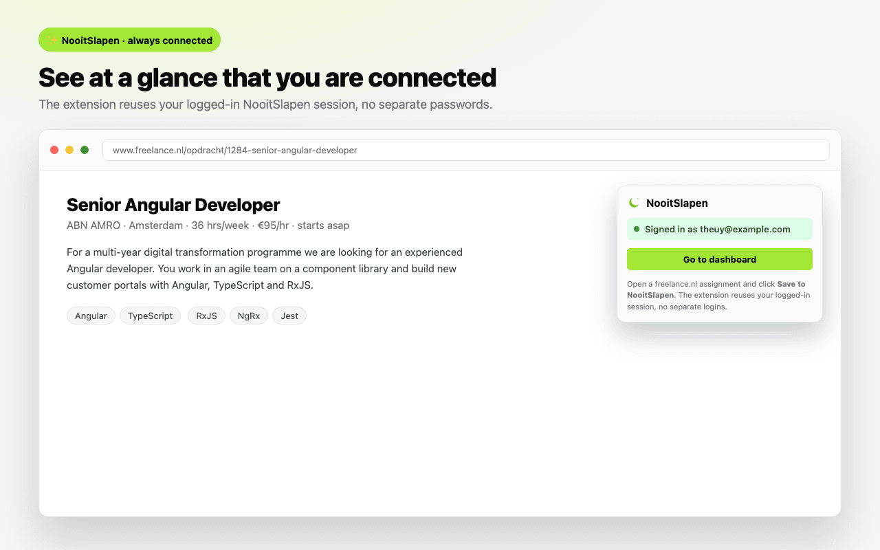 The extension popup shows whether you are signed in to NooitSlapen