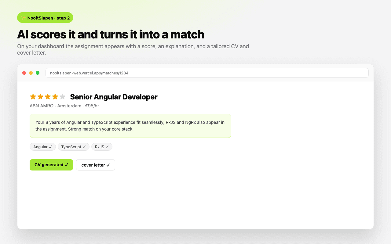 A saved assignment appears as a scored match in NooitSlapen