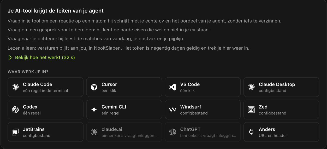 De keuze uit AI-tools op de integratiepagina