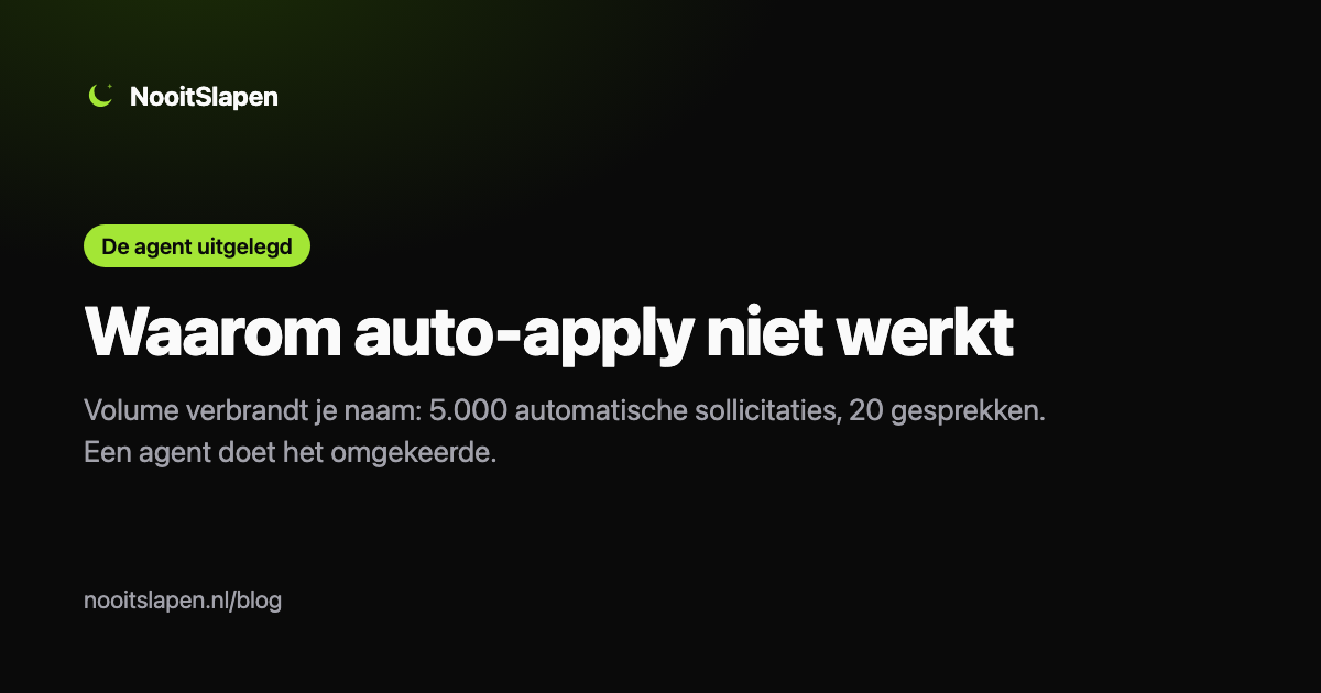 Waarom auto-apply niet werkt: volume verbrandt je naam, een agent bewaakt je relaties