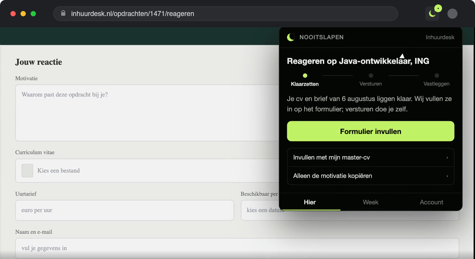 Illustratie: cv en brief klaargezet, het formulier gevuld, de reactie vastgelegd.